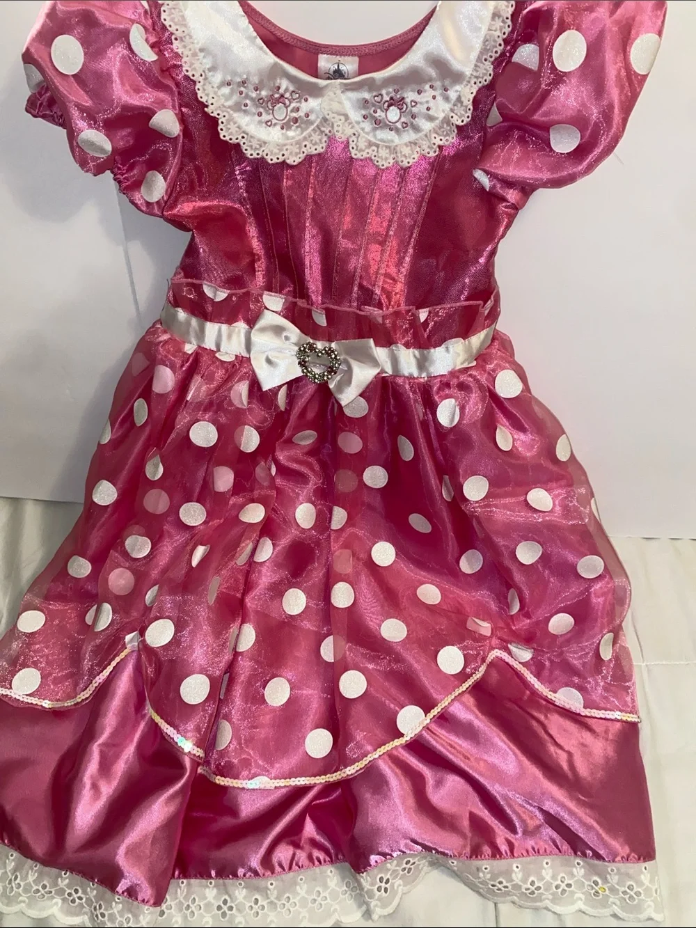 Disney Minnie Pink  Polka Dot Satin Costume Dress with White Trim